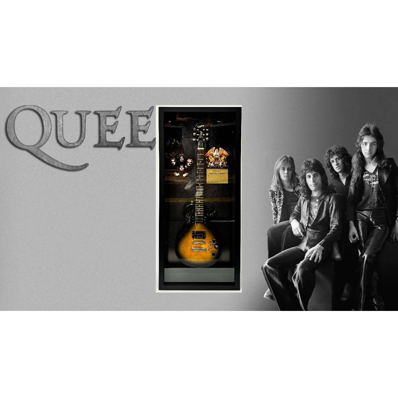 Freddie Mercury Brian May Roger Taylor John Deacon Queen guitar signed with  proof and Museum quality frame