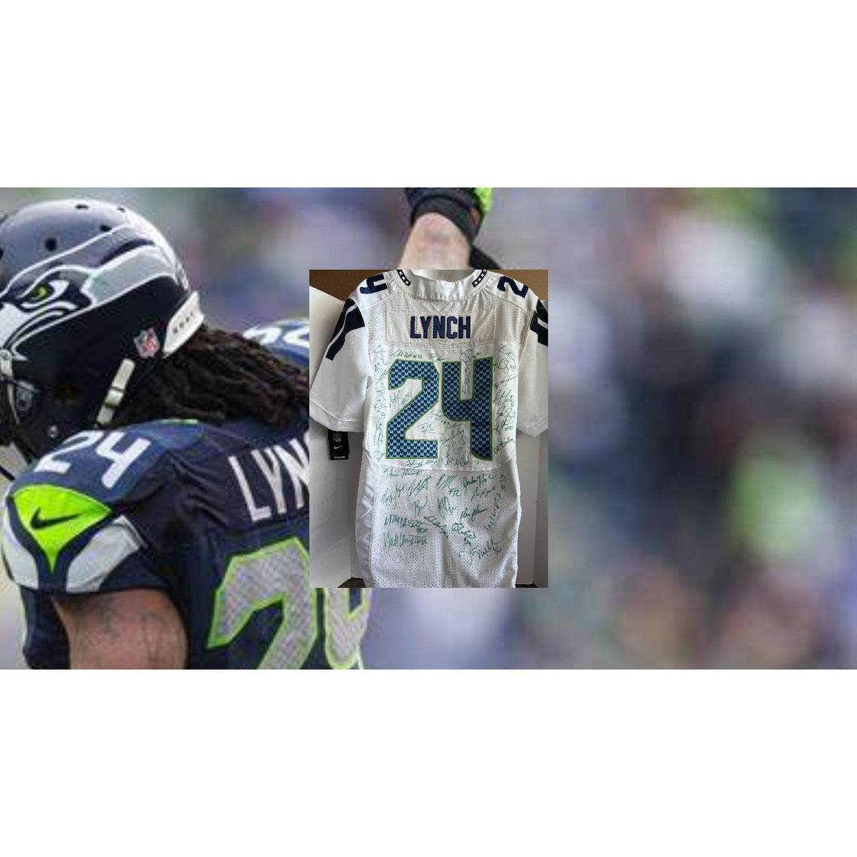 Marshawn Lynch Seattle Seahawks Super Bowl champions team sign Jersey –  Awesome Artifacts