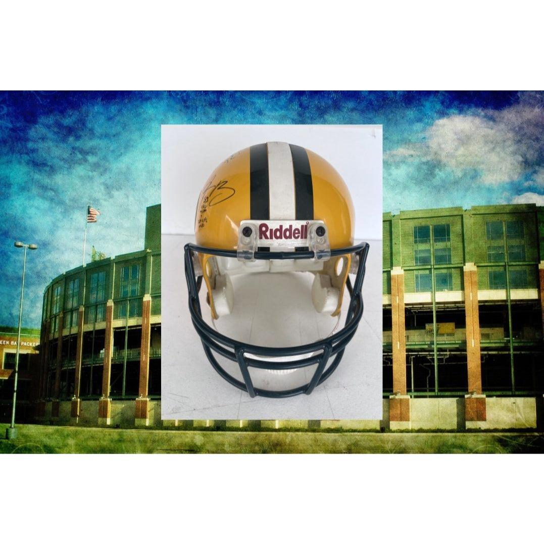 Green Bay Packers vintage game model helmet signed by Brett Favre, Bart Starr, & Aaron Rodgers with proof