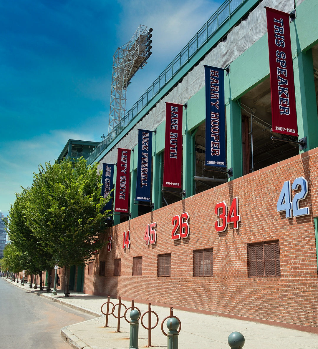 A baseball stadium with banners on the side of it