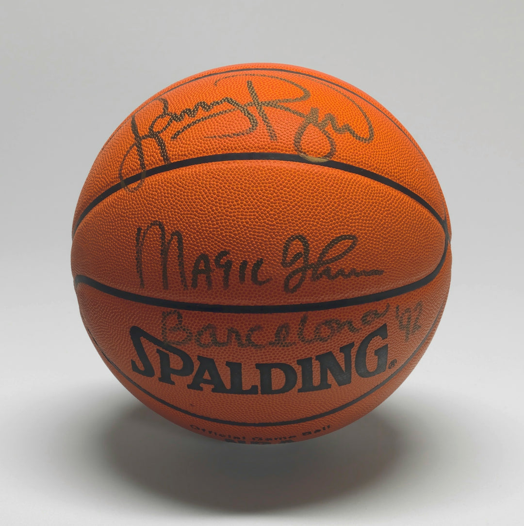 Autographed spalding basketball with barcelona '92 inscription.