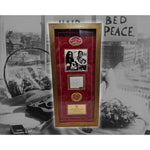 Load image into Gallery viewer, John Lennon &amp; Yoko Ono autograph page book signed and framed 37.5 x 16.5 with personal sketch
