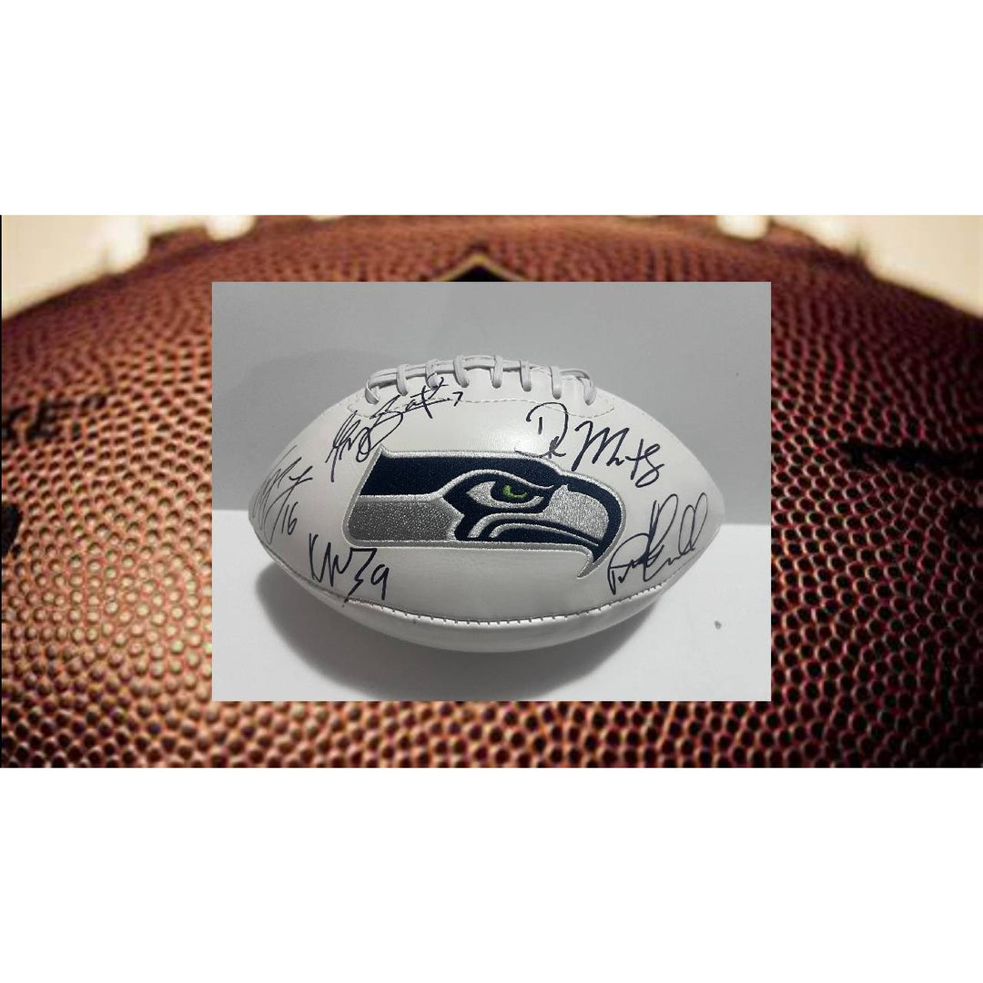 DK Metcalf Tyler Lockett Kenneth Walker the Third Gino Smith Pete Carroll Seattle Seahawks full size football sign with proof