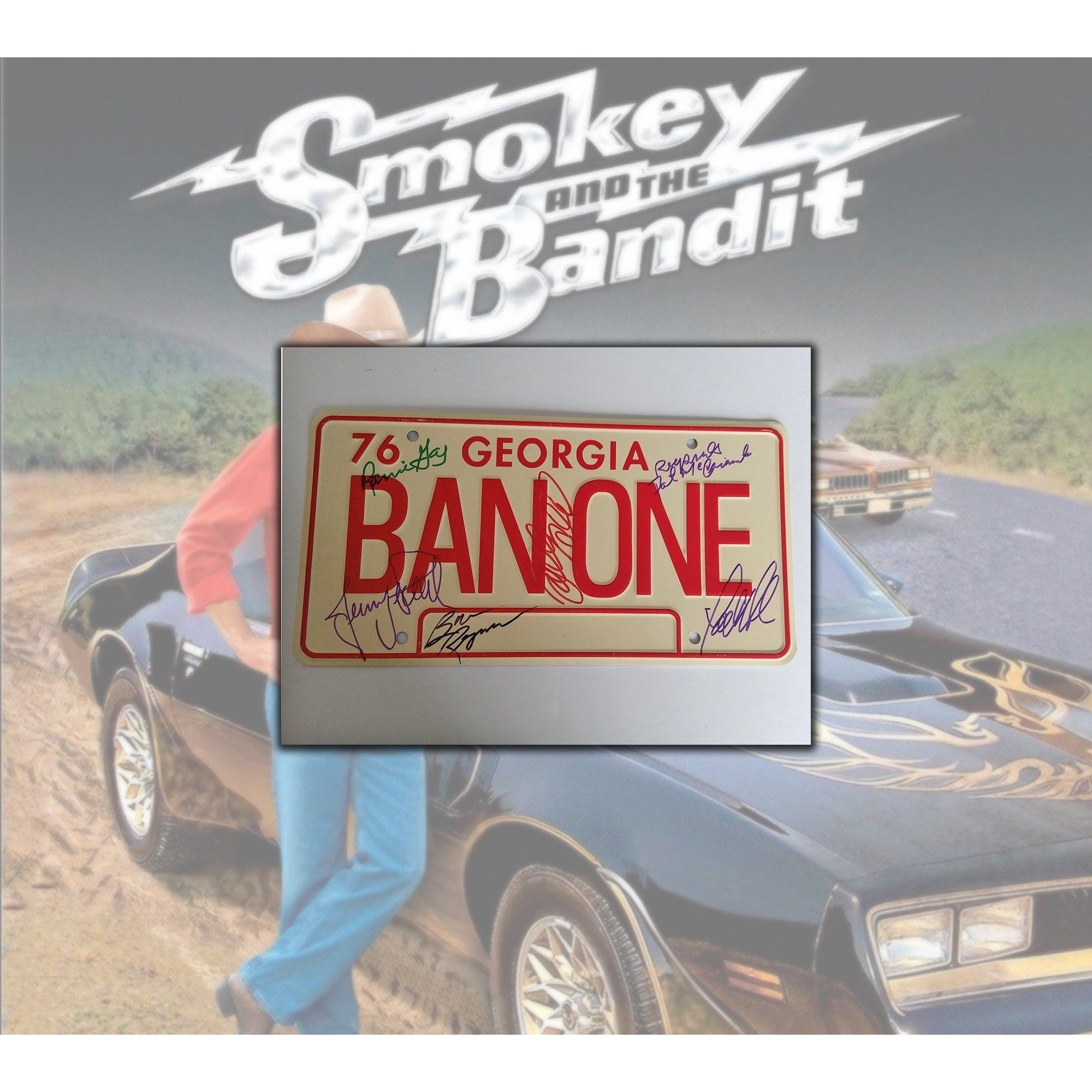 Burt Reynolds, Sally Field, Smokey and the Bandit metal license plate cast signed with proof