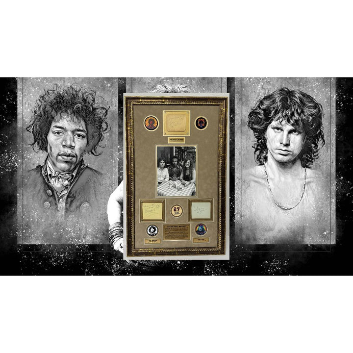 Jim Morrison (The Doors) Jimi Hendrix, & Janis Joplin signed autograph book pages with proof & museum quality framing 26x42.