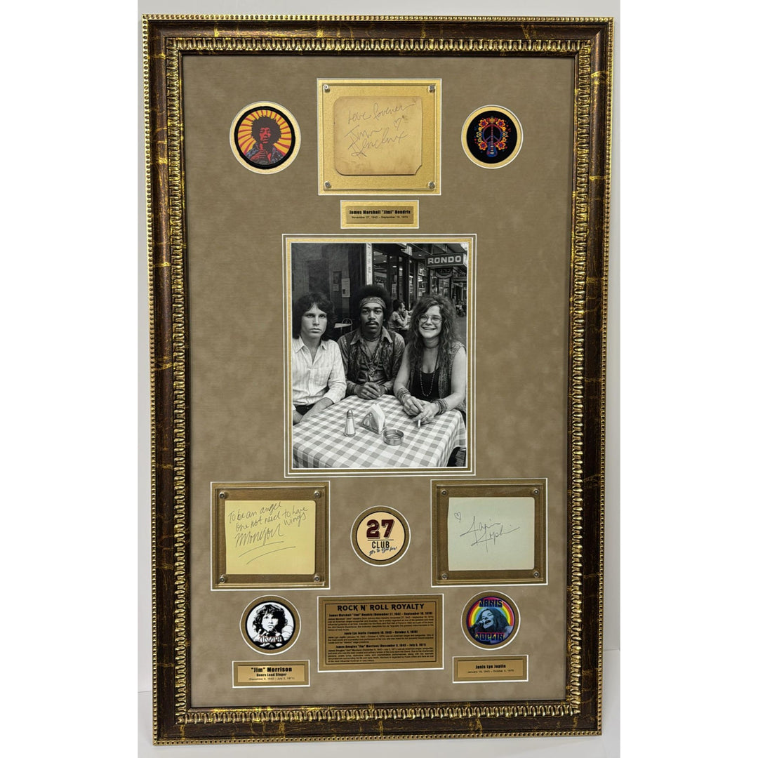 Jim Morrison (The Doors) Jimi Hendrix, & Janis Joplin signed autograph book pages with proof & museum quality framing 26x42.