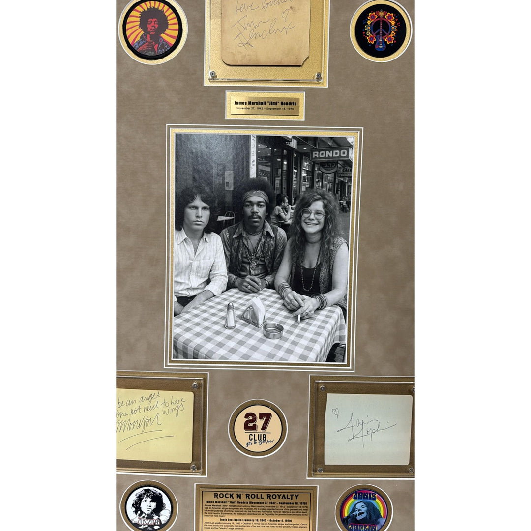 Jim Morrison (The Doors) Jimi Hendrix, & Janis Joplin signed autograph book pages with proof & museum quality framing 26x42.