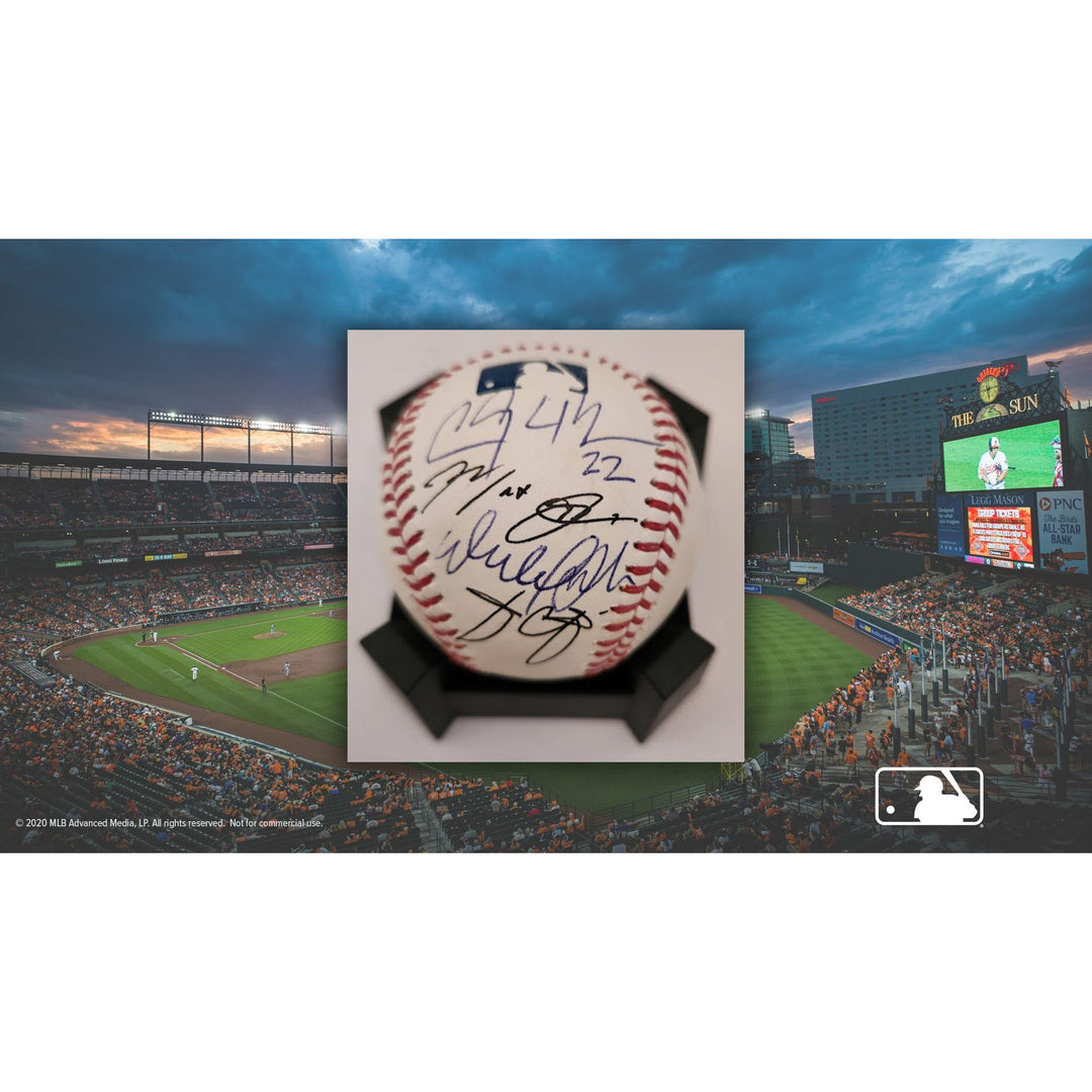 Clayton Kershaw Julio Arias Walker Buehler Max Scherzer MLB Rawlings Baseball signed with proof free acrylic display case