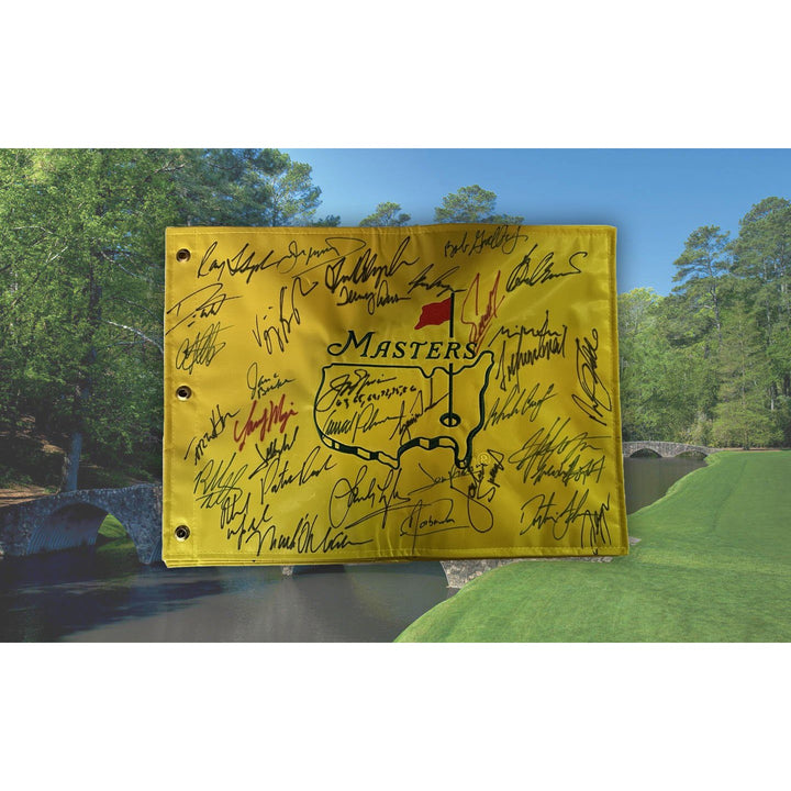 Jon Rahm Tiger Woods Arnold Palmer Jack Nicklaus Masters Golf pin flag signed by 33 Masters champions with proof