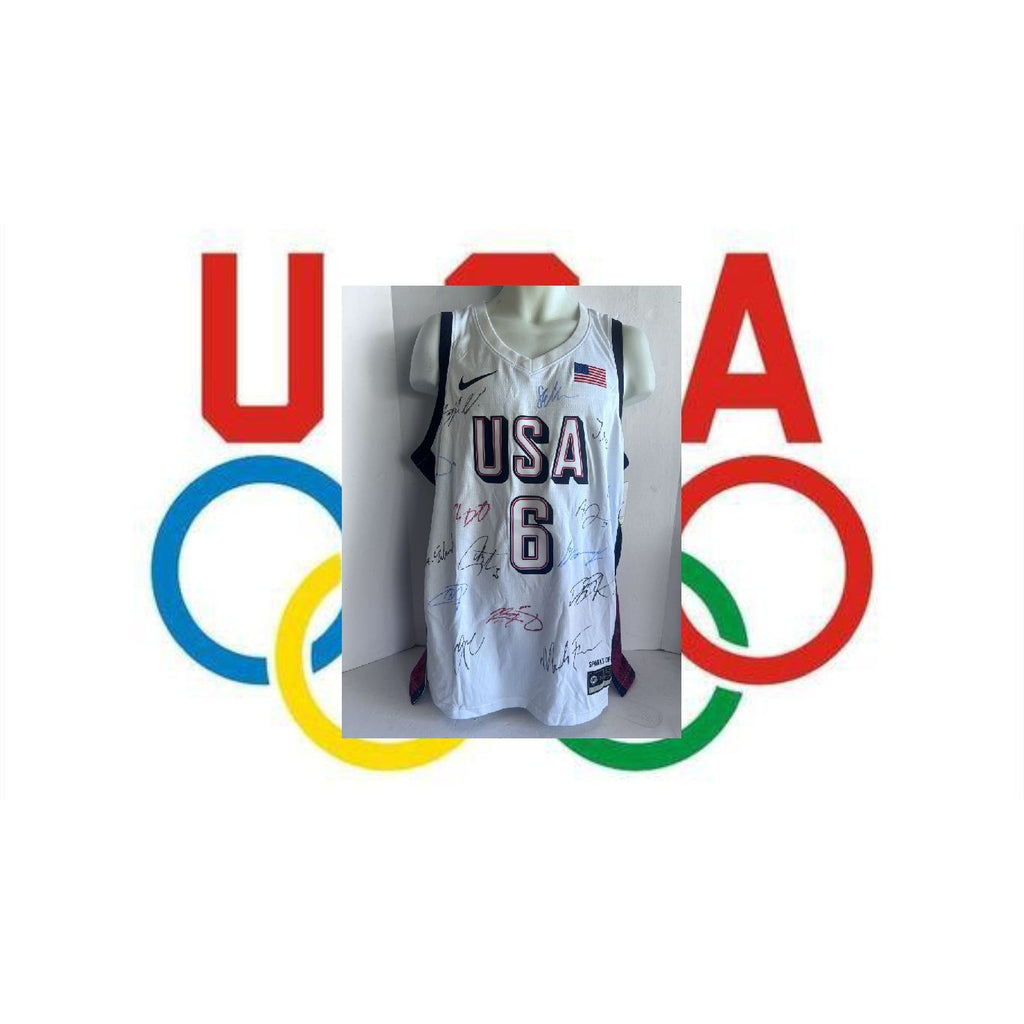 LeBron James, Stephen Curry, Kevin Durant, Anthony Edwards USA 2024 team signed Olympics jersey signed with proof