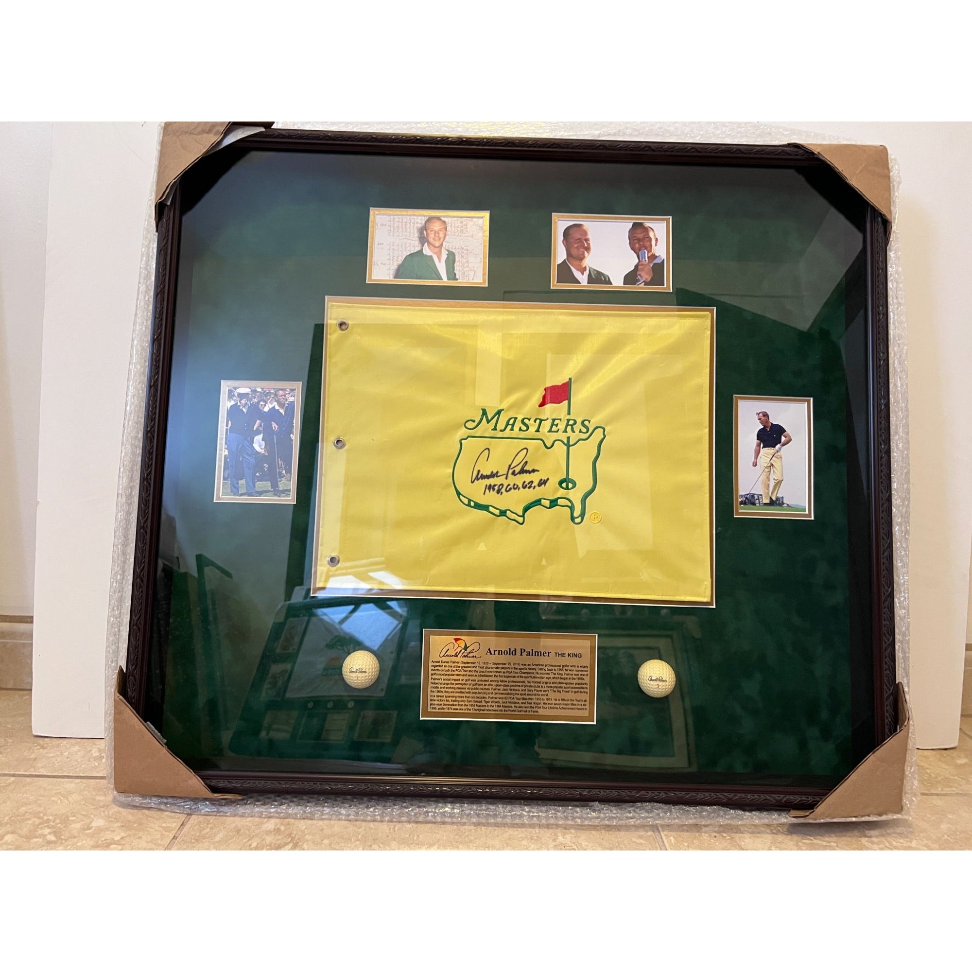 Arnold Palmer Masters pin flag framed 30x34 signed and inscribed with proof