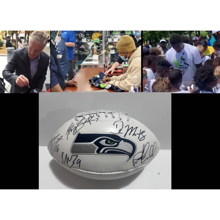 DK Metcalf Tyler Lockett Kenneth Walker the Third Gino Smith Pete Carroll Seattle Seahawks full size football sign with proof