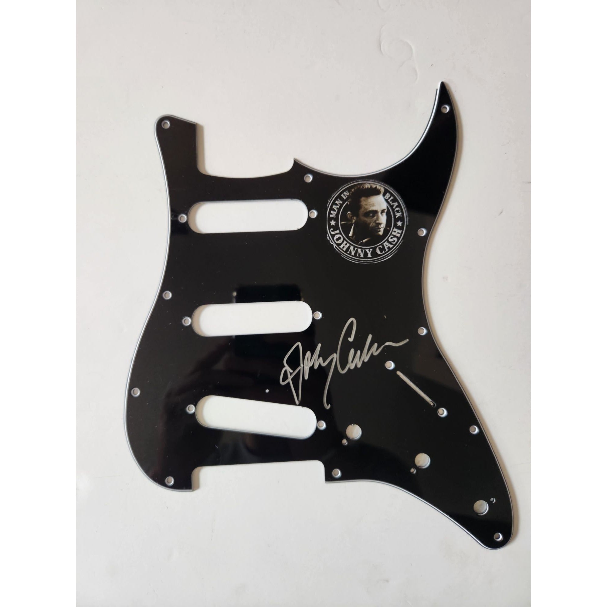 Johnny Cash the man in Black Fender Stratocaster electric pickguard signed with proof