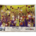 Load image into Gallery viewer, Los Angeles Lakers vintage poster Kareem Abdul-Jabbar Magic Johnson Pat Riley James Worthy 24x18 poster signed with proof
