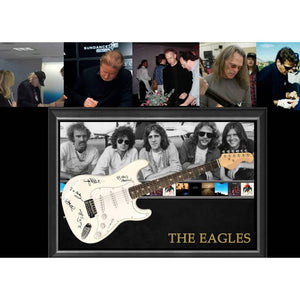 The Eagles Don Henley, Glenn Frey, Timothy B. Schmidt, Joe Walsh, Bernie Leadon Stratocaster electric guitar signed and framed with proof