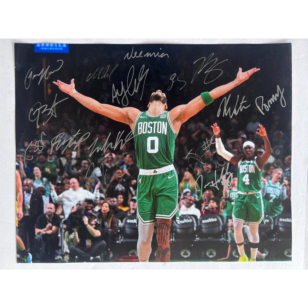 Boston Celtics 2023-24 Jayson Tatum Jrue Holiday Jaylen Brown Kristaps Porzingis complete team 16x20 photo signed with proof