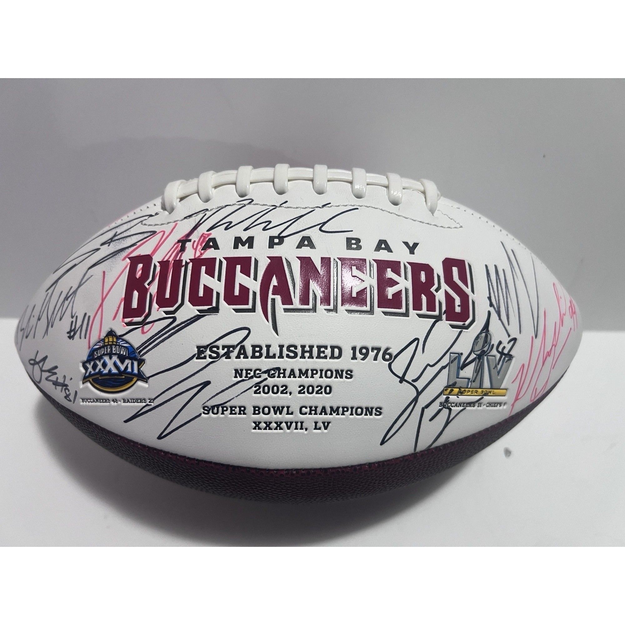 Tampa Bay Buccaneers 2021 Super Bowl champions Tom Brady Bruce Arians Rob Gronkowski Mike Evans complete team signed football with proof