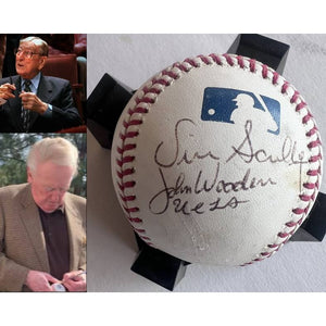John Wooden "The Wizard of Westwood" Vin Scully Los Angeles Dodgers Hall of Fame broadcaster signed Rawlings MLB baseball signed with proof