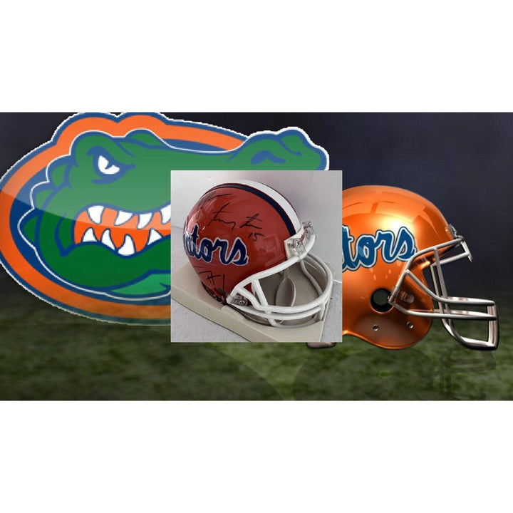 Florida Gators Tim Tebow Percy Harvin Urban Meyer mini helmet signed with proof