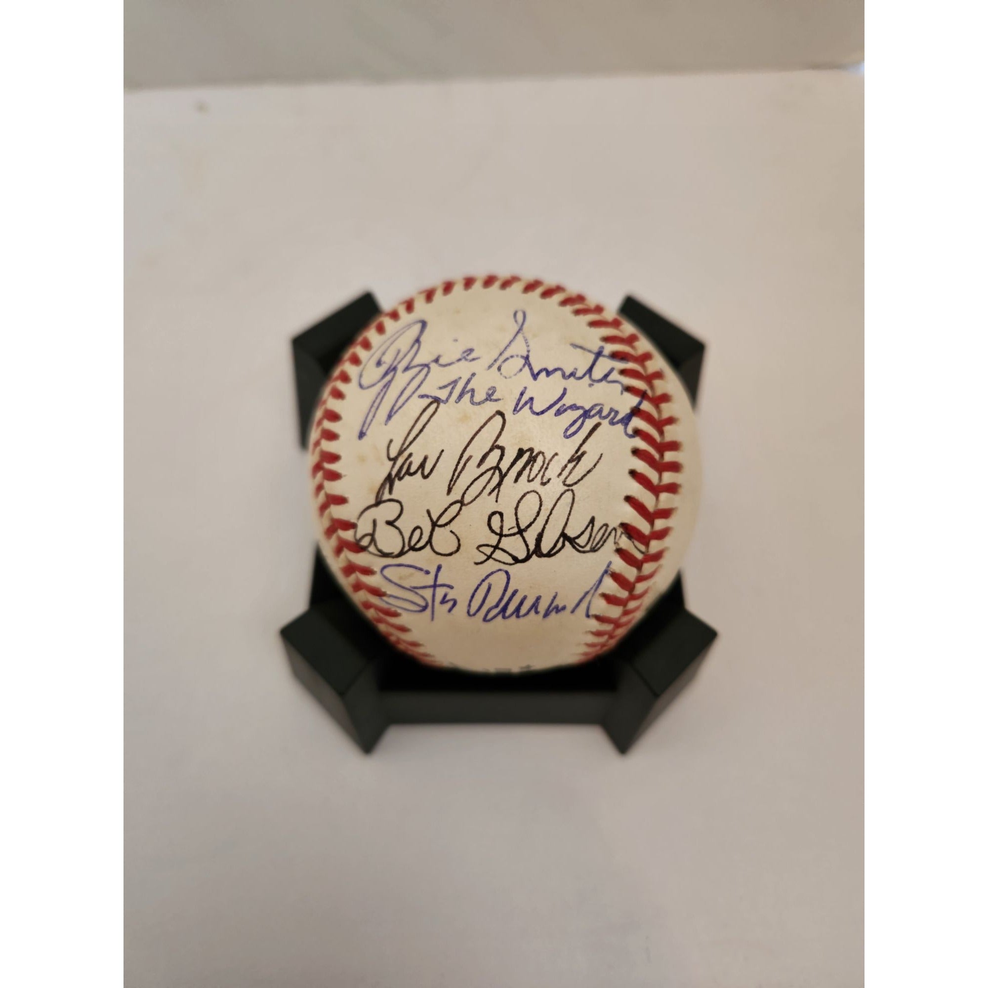 Ozzie Smith Lou Brock Bob Gibson Stan Mutual official Rawlings MLB baseball signed with proof free acrylic display case