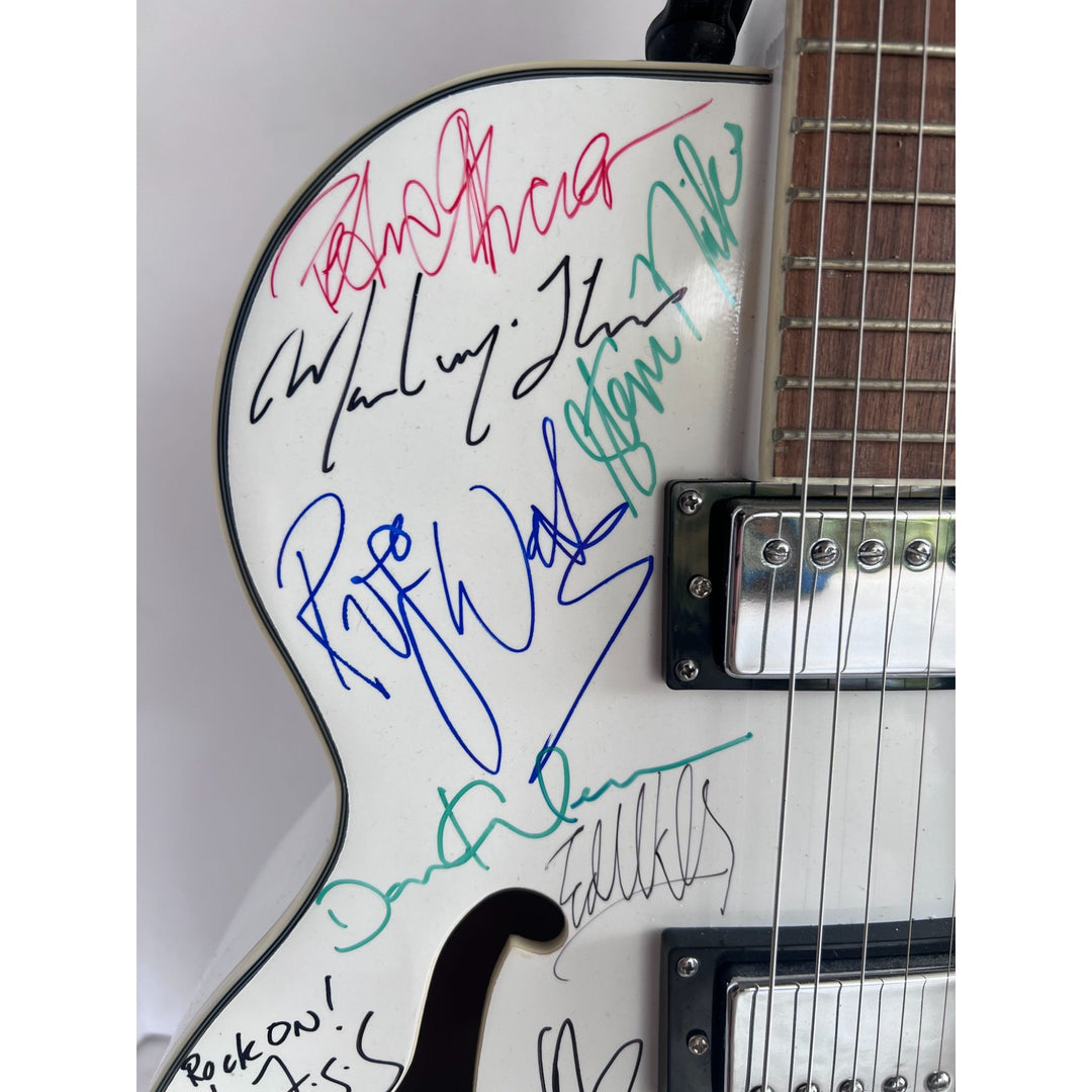 Rock and Roll icons Roger Waters, Eddie Van Halen, Bob Dylan, Robert Plant, Roonie Wood hollow body electric guitar signed with proof