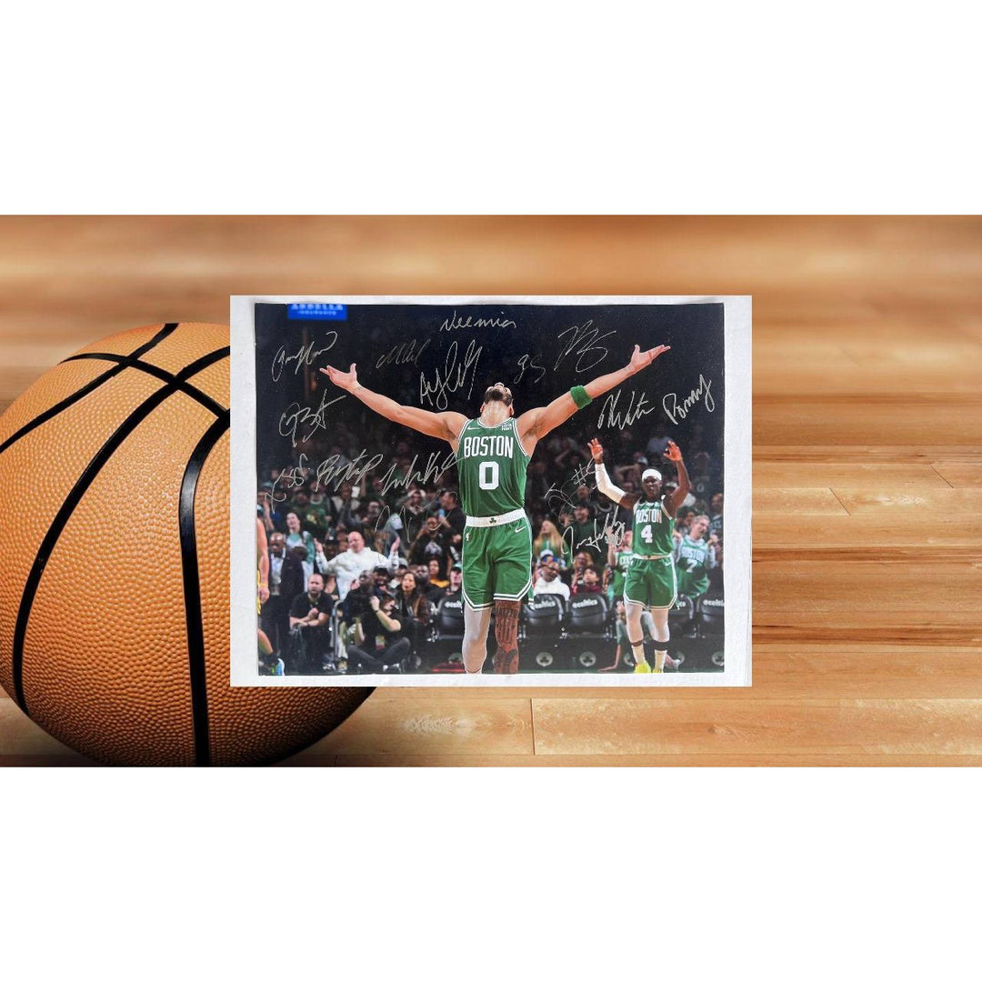 Boston Celtics 2023-24 Jayson Tatum Jrue Holiday Jaylen Brown Kristaps Porzingis complete team 16x20 photo signed with proof