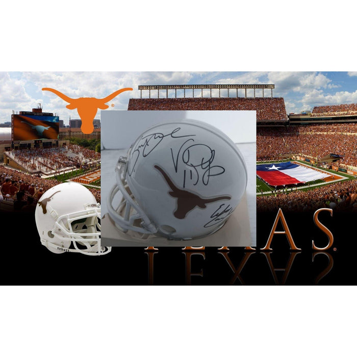 Texas Longhorns Priest Holmes Vince Young Earl Campbell Riddell mini helmet signed with proof