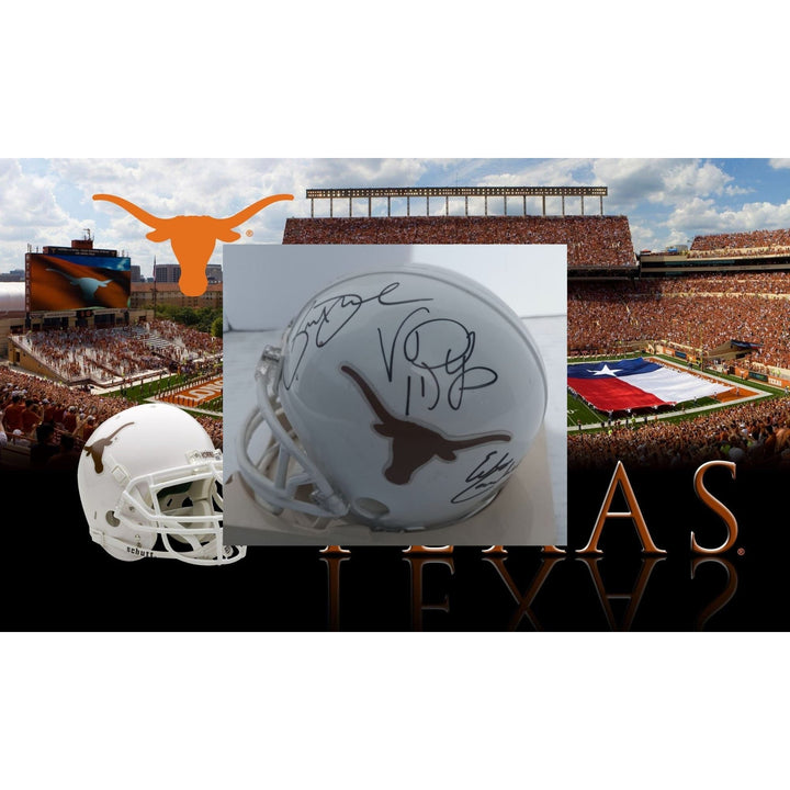 Texas Longhorns Priest Holmes Vince Young Earl Campbell Riddell mini helmet signed with proof Awesome Artifacts