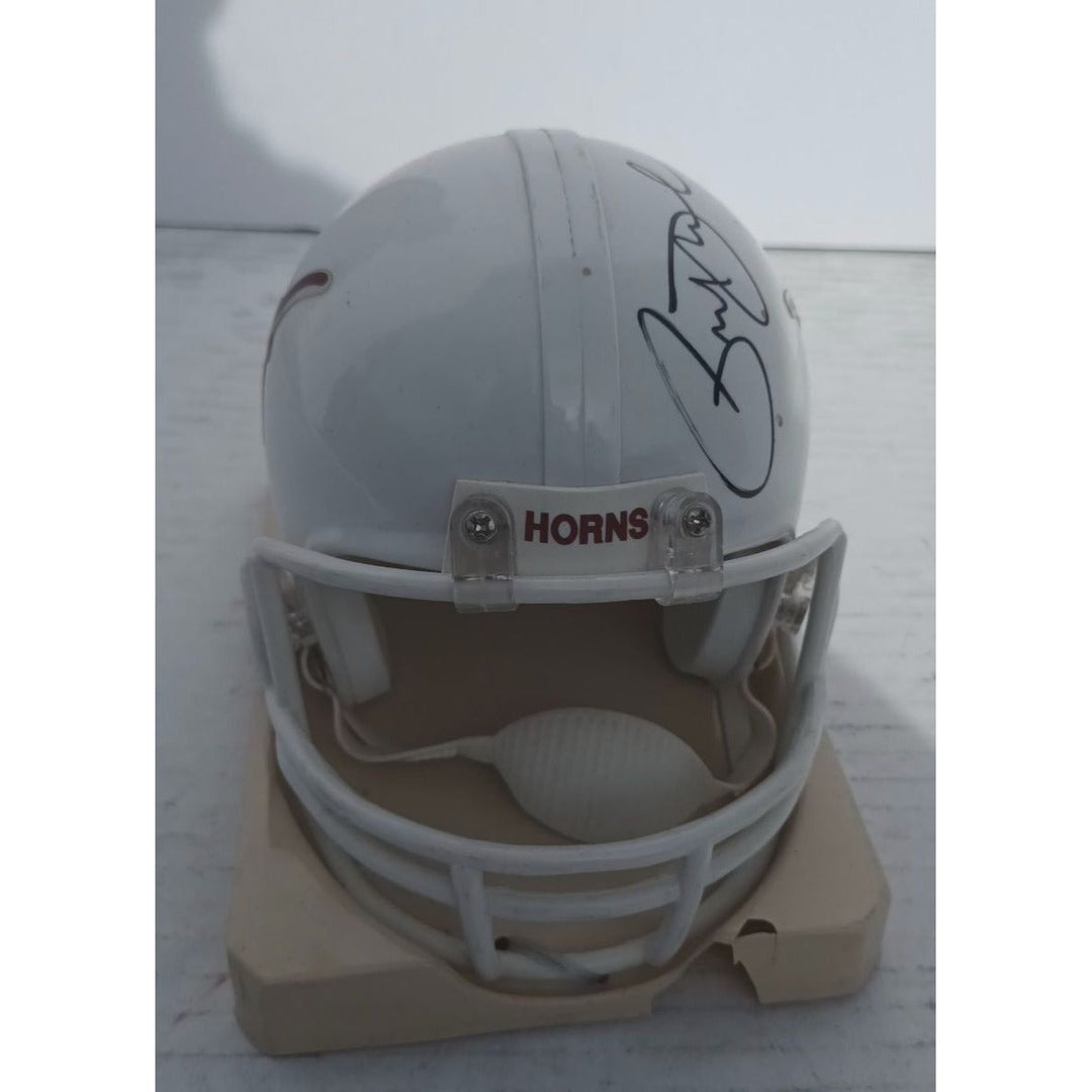 Texas Longhorns Priest Holmes Vince Young Earl Campbell Riddell mini helmet signed with proof Awesome Artifacts