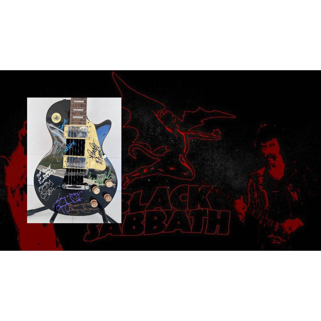 Ozzy Osbourne (with inscription), Ronnie James Dio , Tony Iomi, Geezer Butler, Bill Ward Black Sabath Black les paul full size.
