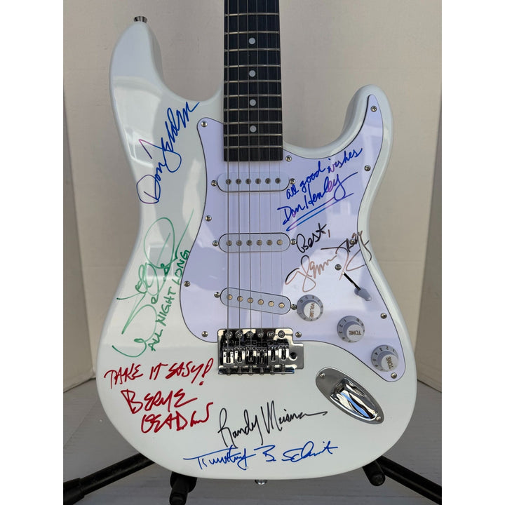 The Eagles Timothy B. Schmit Don Felder Joe Walsh Bernie Leadon Randy Meisner Don Henley Glen Frey startocaster electric guitar signed with.