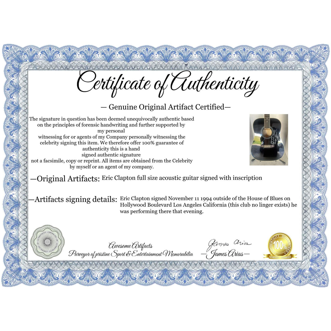 Eric Clapton full size acoustic guitar signed with inscription and signing proof