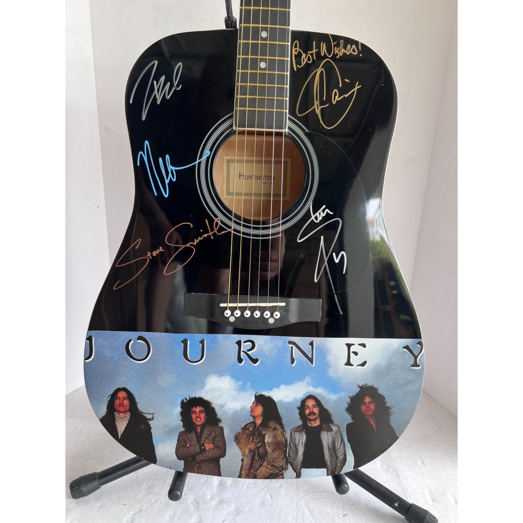 Neal Schon,  Ross Valory,  Jonathan Cain, Greg Rowley Steve Perry Journey complete band signed acoustic guitar with proof