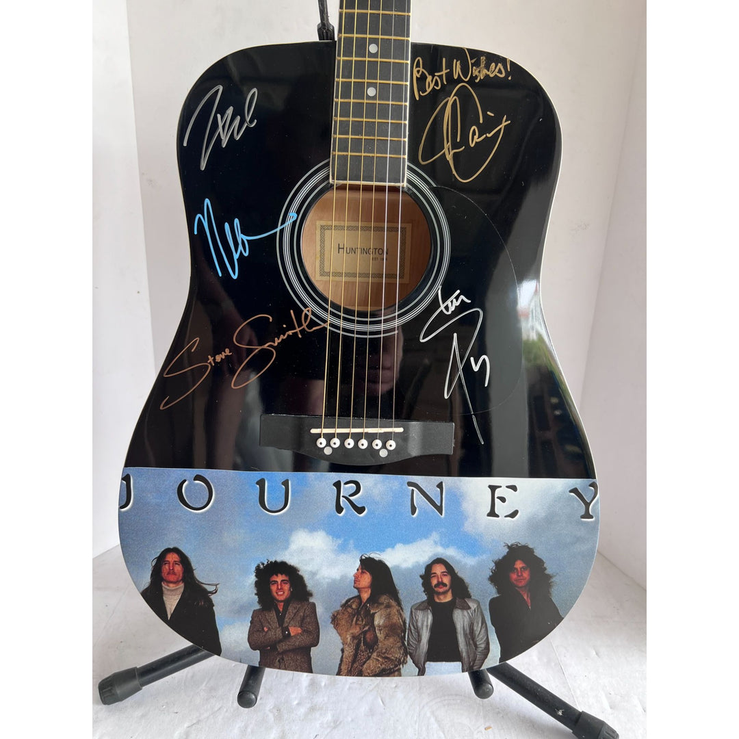 Neal Schon,  Ross Valory,  Jonathan Cain, Greg Rowley Steve Perry Journey complete band signed acoustic guitar with proof