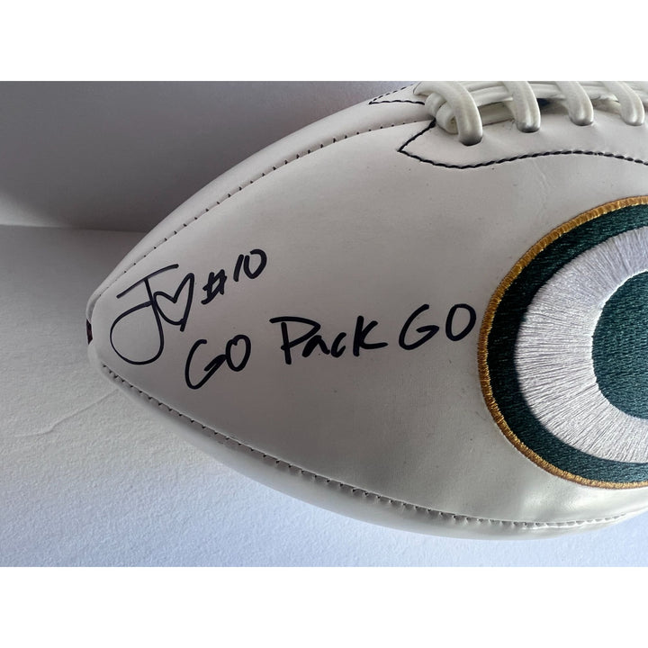 Green Bay Packers Jordan Love and Aaron Jones logo full size football signed with proof