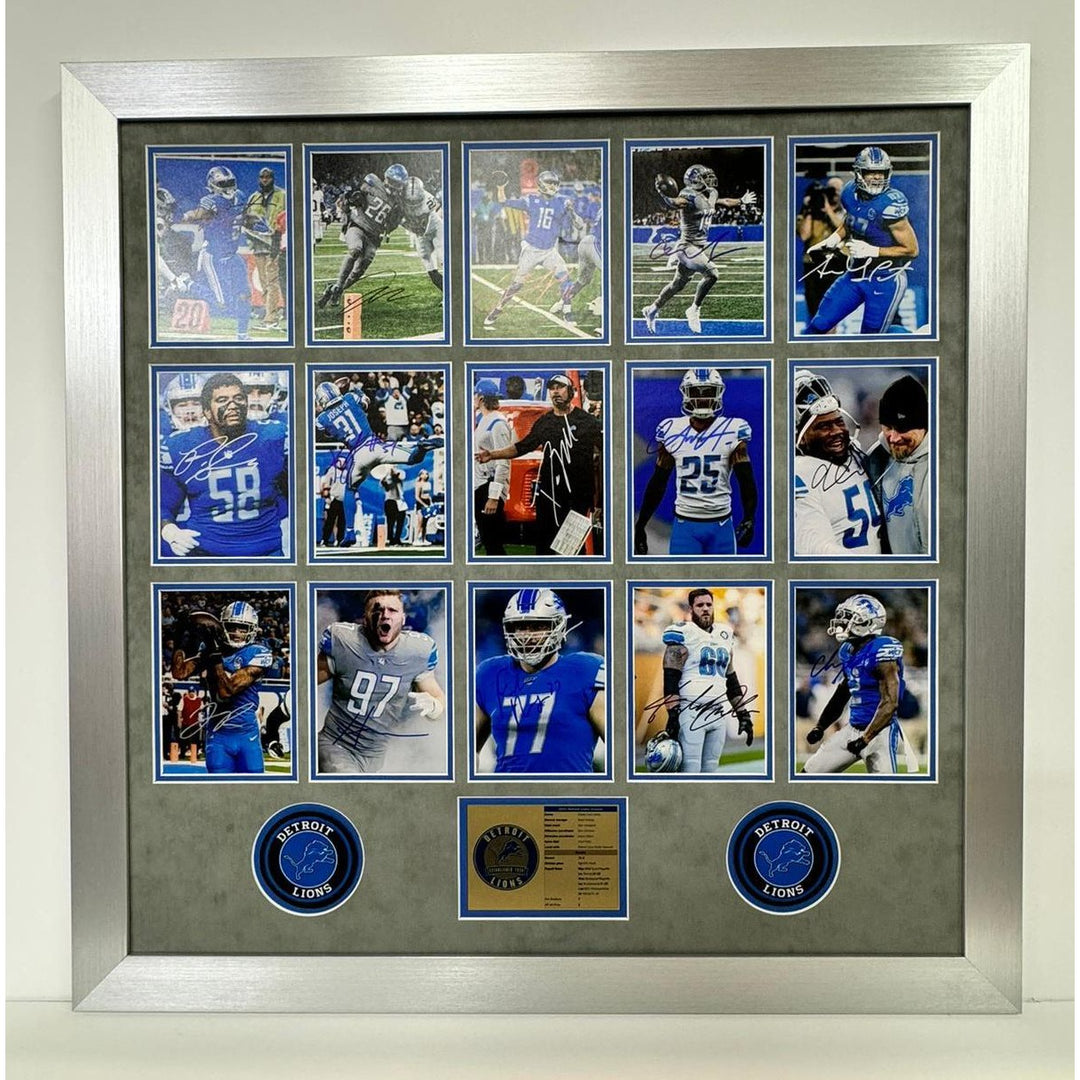 Detroit Lions Dan Campbell, Jared Goff, Aidan Hutchinson, Frank Ragnow, Penei Sewell, Amon-Ra St. Brown 15 5X7 photos signed and framed 28x2