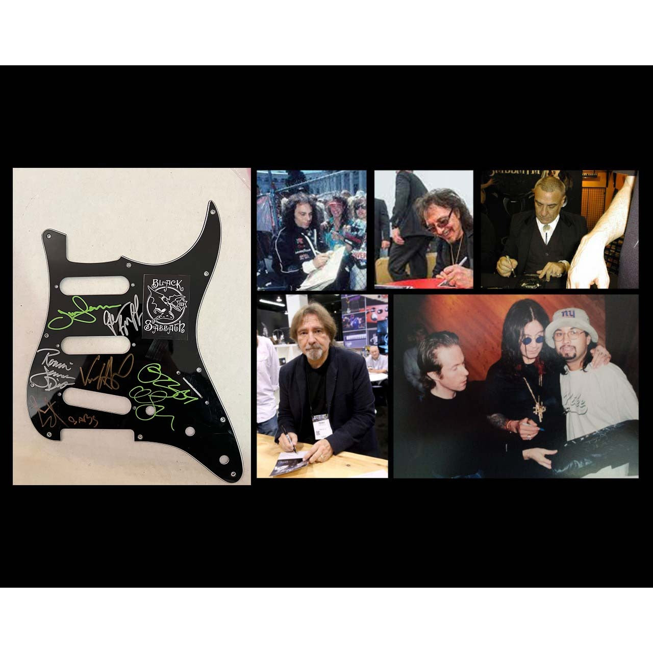 Ozzy Osbourne Ronnie James Dio Tony iomi Geezer Butler Bill Ward Black Sabbath electric guitar pickguard signed with proof