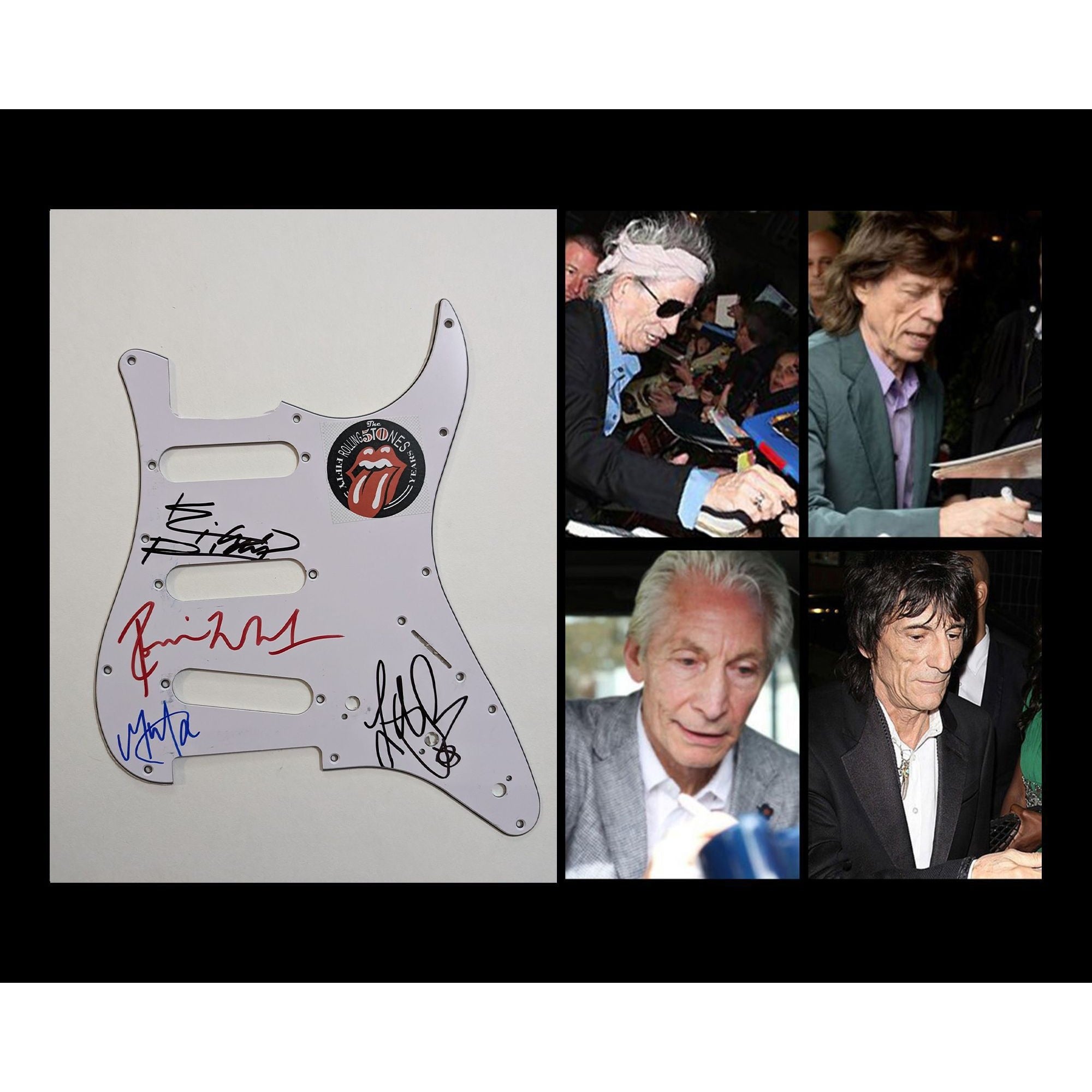 Mick Jagger Keith Richards Ronnie Wood Charlie Watts Fender Stratocaster Electric guitar pickguard signed with proof