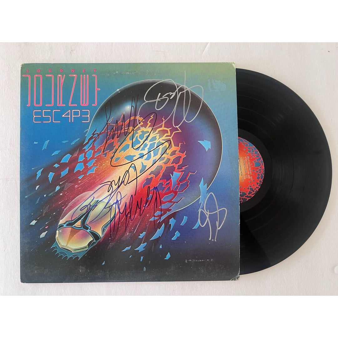 Neal Schon, Ross Valory, Jonathan Cain, Greg Rowley Steve Perry Journey complete band Escape album signed with proof