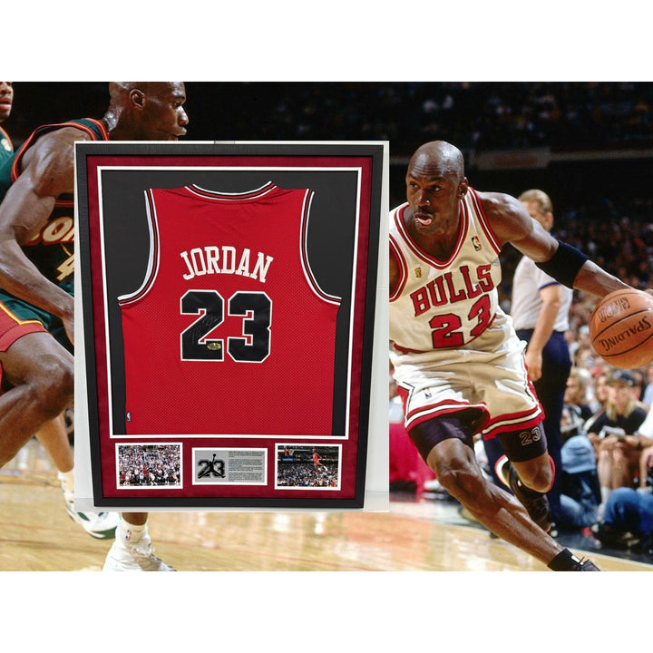 Michael Jordan Chicago Bulls game model jersey size xl signed with museum quality frame signed with proof.