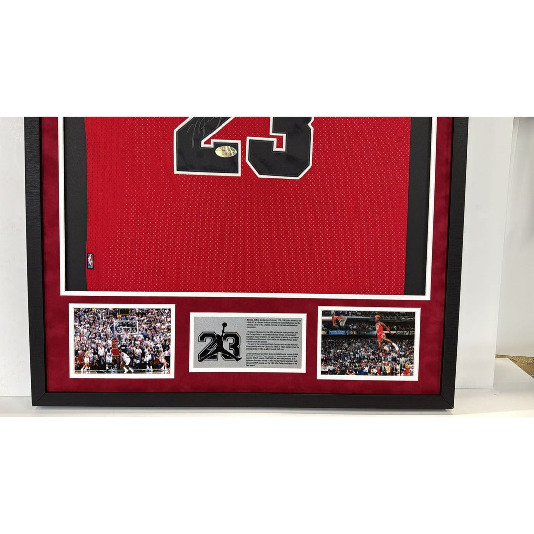 Michael Jordan Chicago Bulls game model jersey size xl signed with museum quality frame signed with proof.