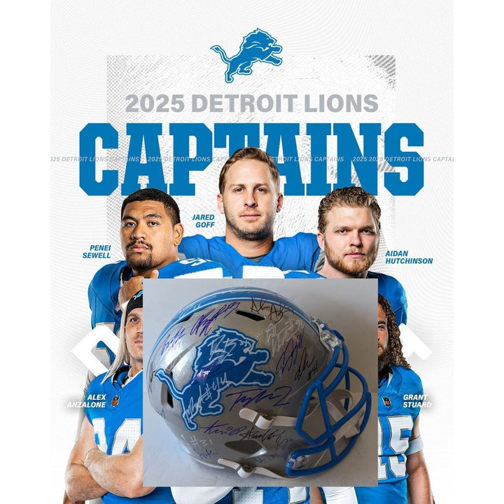 Detroit Lions 2025 team Jahmyr Gibbs, Jared Goff, Aidan Hutchinson, Dan Campell, Amon St. Brown & David Montgomery Riddell full size helmet