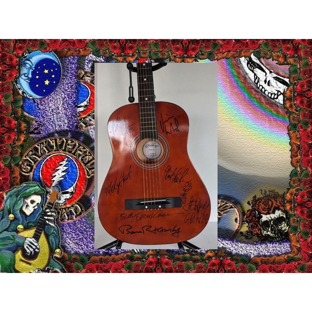 Grateful Dead Jerry Garcia, Bob Weir, Mickey Hart , Phil Lesh, Bruce Hornsby, acoustic guitar signed with proof