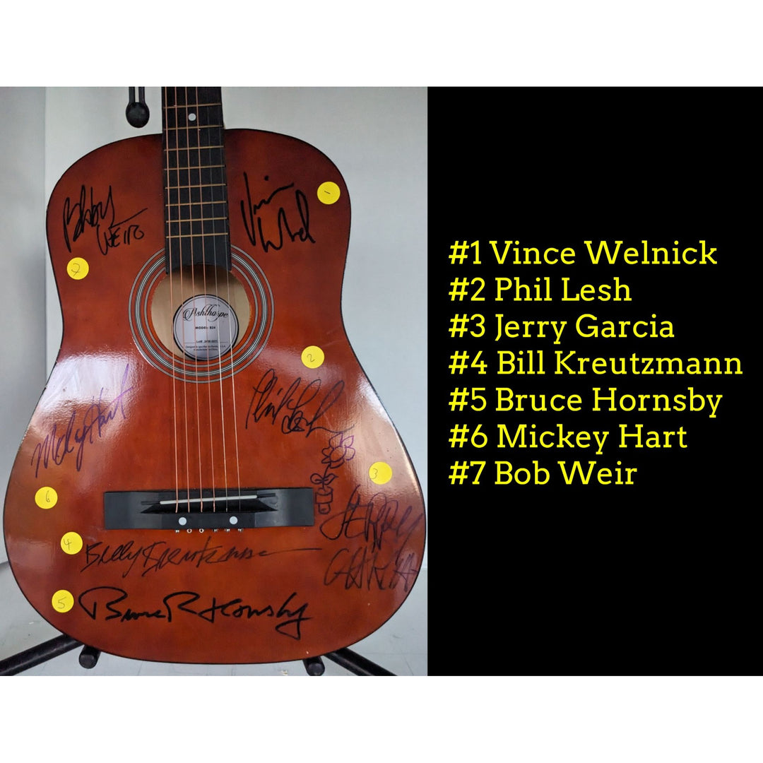Grateful Dead Jerry Garcia, Bob Weir, Mickey Hart , Phil Lesh, Bruce Hornsby, acoustic guitar signed with proof
