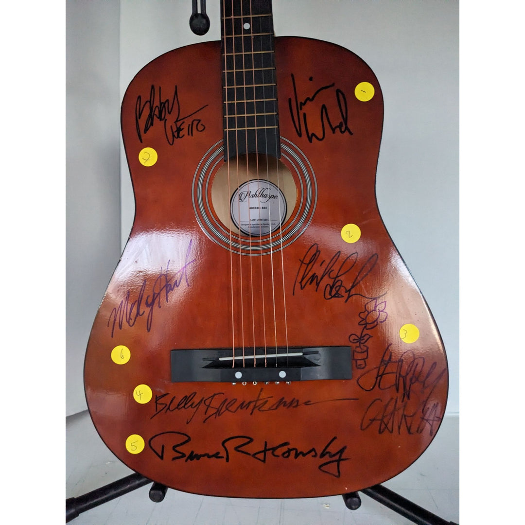 Grateful Dead Jerry Garcia, Bob Weir, Mickey Hart , Phil Lesh, Bruce Hornsby, acoustic guitar signed with proof