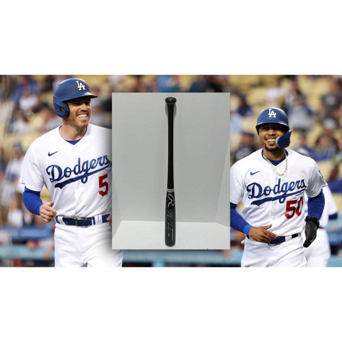 Los Angeles Dodgers Mookie Betts and Freddy Freeman chrome model baseball bat signed