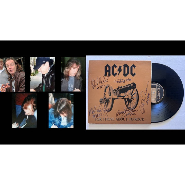 Angus young Malcolm Young Brian Johnson Cliff Williams Phil Rudd AC DC For those About to Rock lp signed with proof