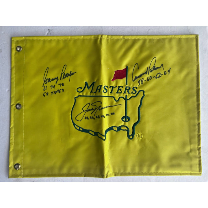 Jack Nicklaus Arnold Palmer Gary Player signed with Master's Championship inscriptions year of victory Masters pin flag with signing proof