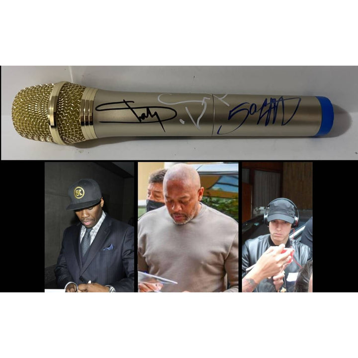 Slim Shady Eminem Marshall Mathers Curtis Jackson 50 Cent and Dr Dre Andre Romelle Young microphone signed with proof.