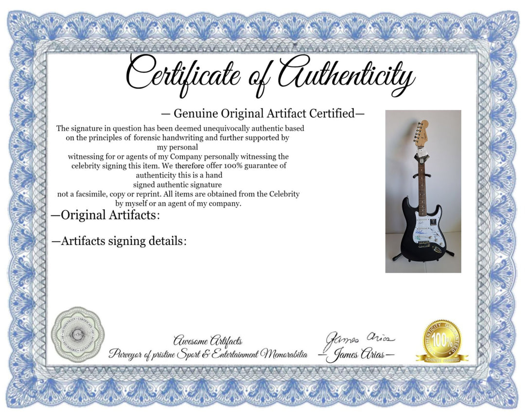 Social Distortion, Mike Ness, David Hidalgo, Jonh Maurer, Dennis Danell Fender Stratocaster Squier electric guitar signed with proof